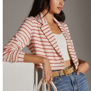 Maeve Anthropologie Cropped Terry Stripe Blazer Red Cream Cotton Women's 8